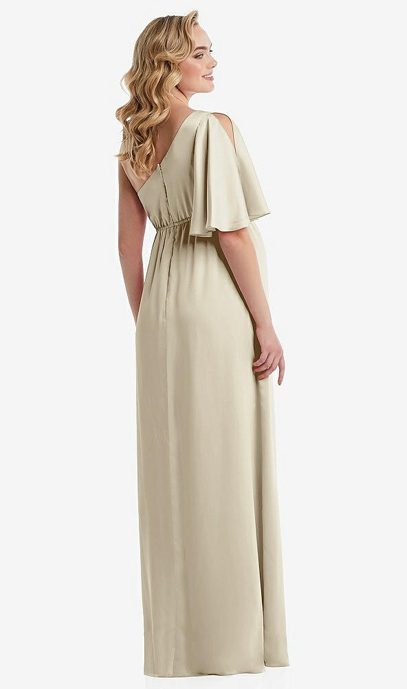 Back View - Champagne One-Shoulder Flutter Sleeve Maternity Dress