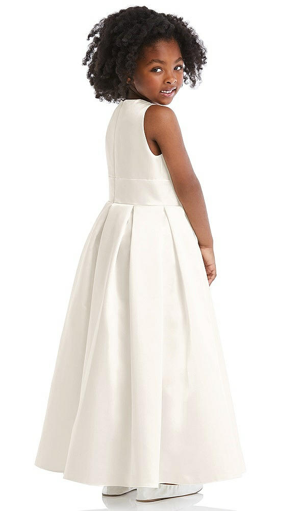 Back View - Ivory Pleated Skirt Satin Flower Girl Dress with Flower Detail