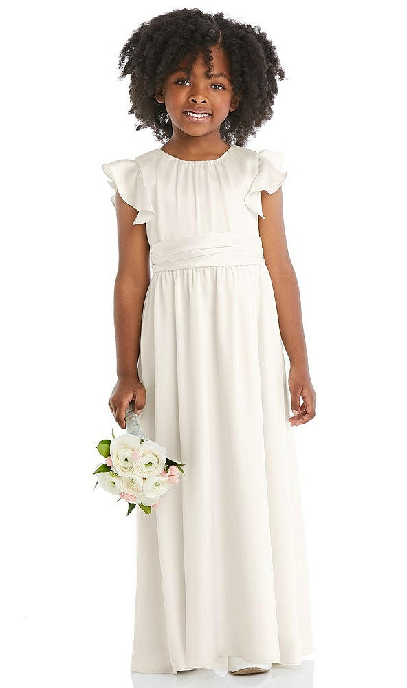 Front View - Ivory Ruffle Flutter Sleeve Whisper Satin Flower Girl Dress