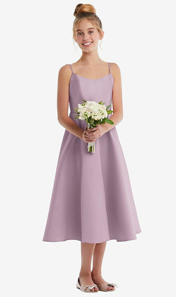 Front View - Suede Rose Adjustable Spaghetti Strap Satin Midi Junior Bridesmaid Dress