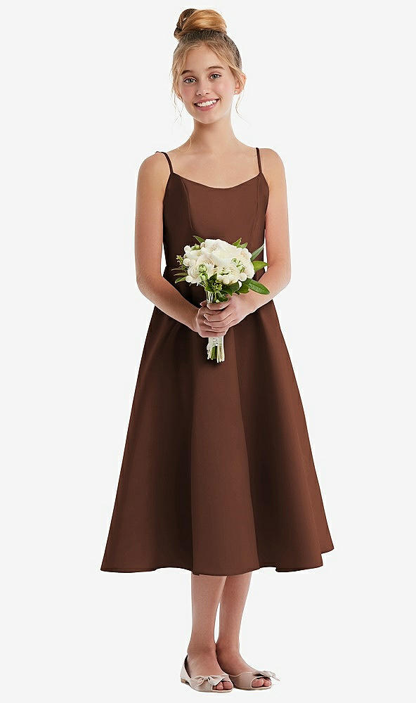 Front View - Cognac Adjustable Spaghetti Strap Satin Midi Junior Bridesmaid Dress