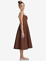 Side View Thumbnail - Cognac Adjustable Spaghetti Strap Satin Midi Junior Bridesmaid Dress