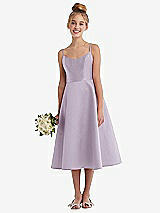 Alt View 1 Thumbnail - Lilac Haze Adjustable Spaghetti Strap Satin Midi Junior Bridesmaid Dress