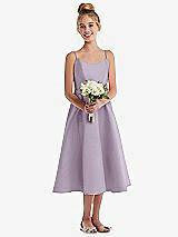 Front View Thumbnail - Lilac Haze Adjustable Spaghetti Strap Satin Midi Junior Bridesmaid Dress