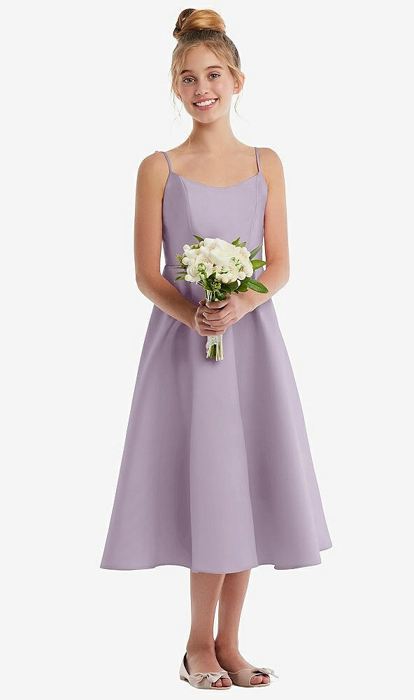 Front View - Lilac Haze Adjustable Spaghetti Strap Satin Midi Junior Bridesmaid Dress