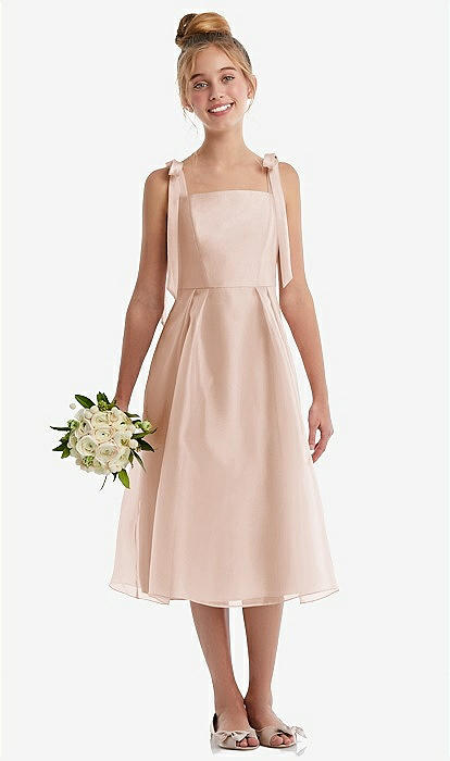 Tie Shoulder Pleated Full Skirt Junior Bridesmaid Dress In Cameo | The  Dessy Group