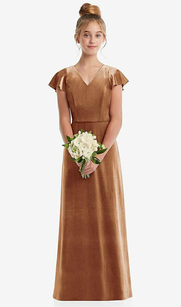 Front View - Golden Almond Flutter Sleeve Tie Back Velvet Junior Bridesmaid Dress