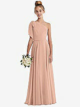 Front View Thumbnail - Pale Peach One-Shoulder Scarf Bow Chiffon Junior Bridesmaid Dress