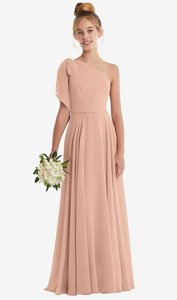 Front View - Pale Peach One-Shoulder Scarf Bow Chiffon Junior Bridesmaid Dress