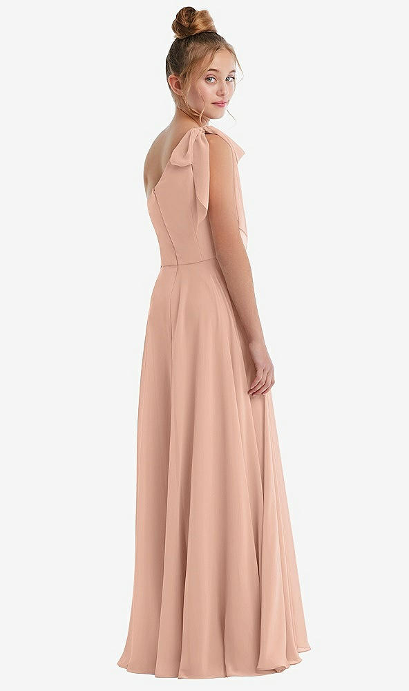 Back View - Pale Peach One-Shoulder Scarf Bow Chiffon Junior Bridesmaid Dress