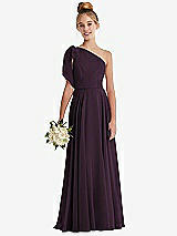 Front View Thumbnail - Aubergine One-Shoulder Scarf Bow Chiffon Junior Bridesmaid Dress