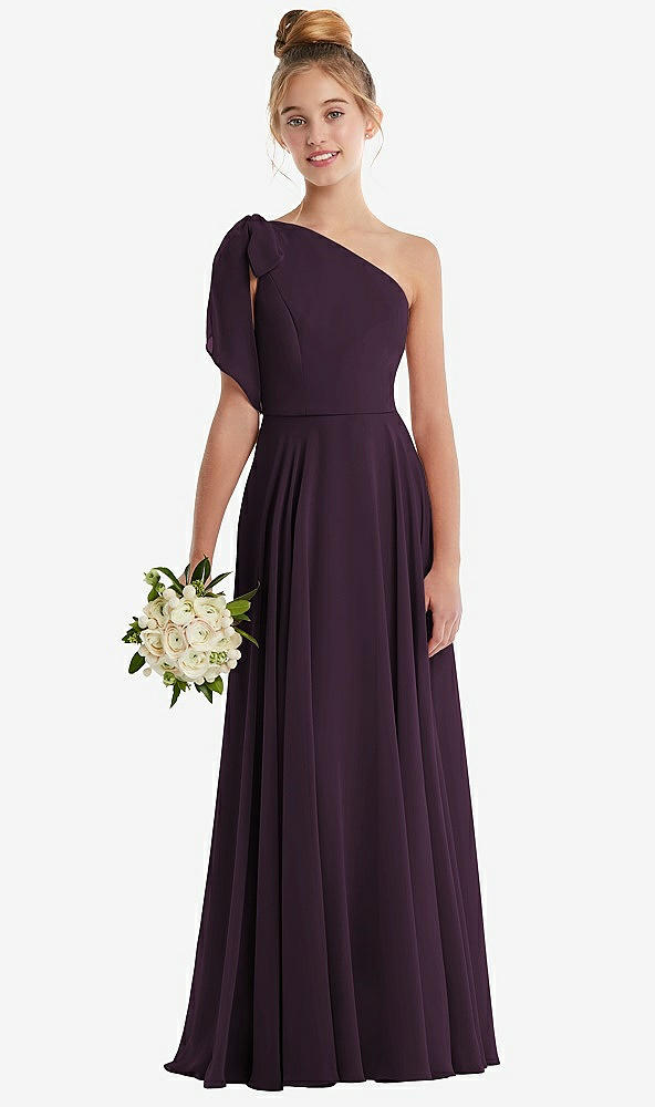 Front View - Aubergine One-Shoulder Scarf Bow Chiffon Junior Bridesmaid Dress