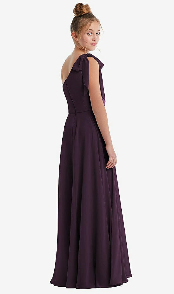 Back View - Aubergine One-Shoulder Scarf Bow Chiffon Junior Bridesmaid Dress