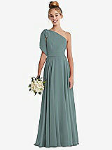 Front View Thumbnail - Icelandic One-Shoulder Scarf Bow Chiffon Junior Bridesmaid Dress