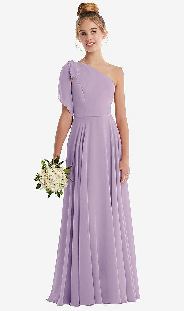 Front View - Pale Purple One-Shoulder Scarf Bow Chiffon Junior Bridesmaid Dress