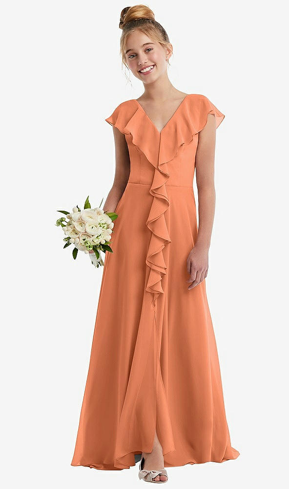 Front View - Sweet Melon Cascading Ruffle Full Skirt Chiffon Junior Bridesmaid Dress