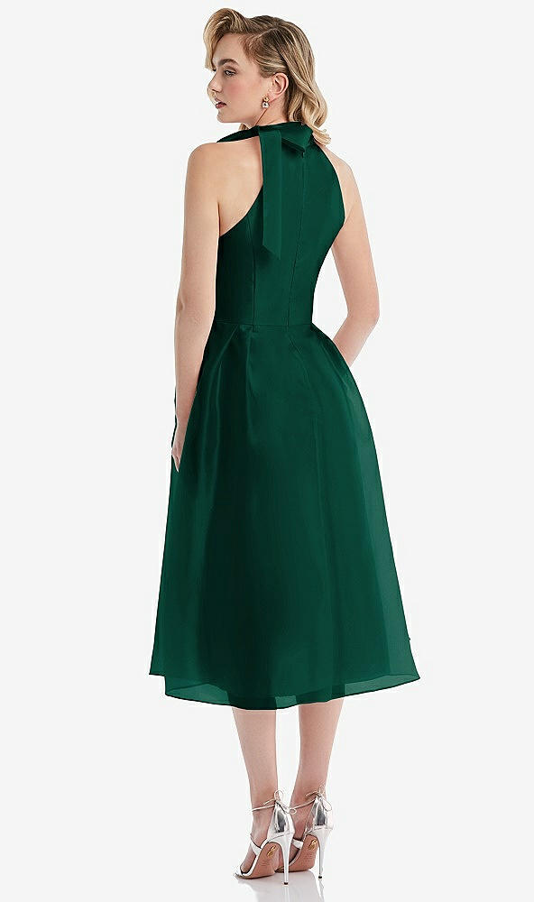 Back View - Hunter Green Scarf-Tie High-Neck Halter Organdy Midi Dress