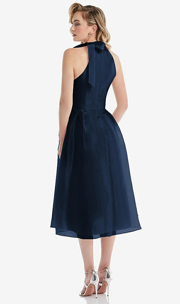 Back View - Midnight Navy Scarf-Tie High-Neck Halter Organdy Midi Dress