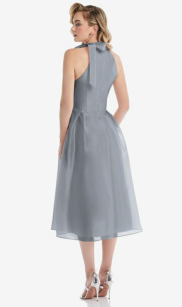 Back View - Platinum Scarf-Tie High-Neck Halter Organdy Midi Dress