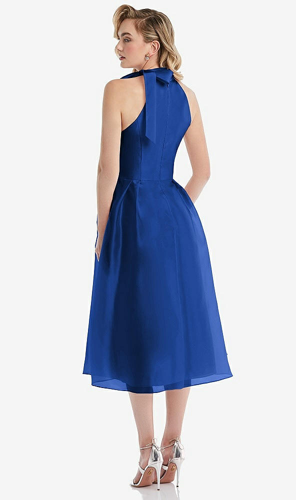 Back View - Sapphire Scarf-Tie High-Neck Halter Organdy Midi Dress