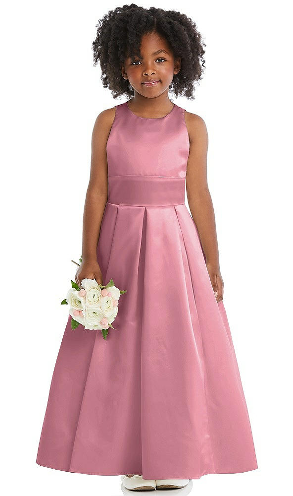 Front View - Carnation Sleeveless Pleated Skirt Satin Flower Girl Dress