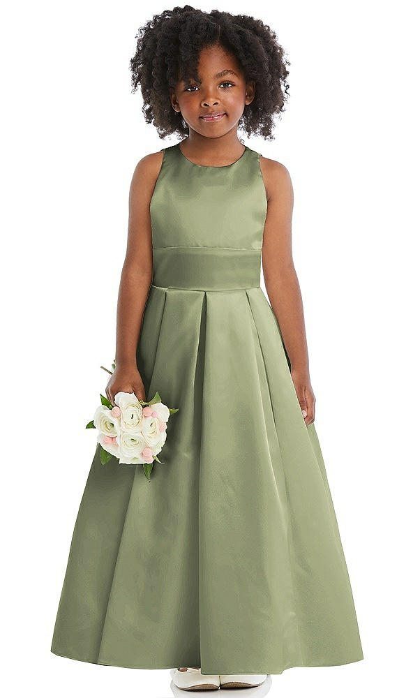 Front View - Kiwi Sleeveless Pleated Skirt Satin Flower Girl Dress