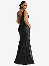 Rear View Thumbnail - Black Shirred Shoulder Stretch Satin Mermaid Dress with Slight Train