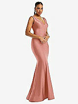 Alt View 1 Thumbnail - Desert Rose Shirred Shoulder Stretch Satin Mermaid Dress with Slight Train