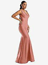 Side View Thumbnail - Desert Rose Shirred Shoulder Stretch Satin Mermaid Dress with Slight Train