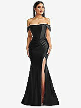 Alt View 1 Thumbnail - Black Off-the-Shoulder Corset Stretch Satin Mermaid Dress with Slight Train