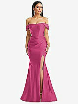 Alt View 1 Thumbnail - Tea Rose Off-the-Shoulder Corset Stretch Satin Mermaid Dress with Slight Train