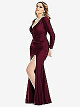 Side View Thumbnail - Cabernet Long Sleeve Draped Wrap Stretch Satin Mermaid Dress with Slight Train