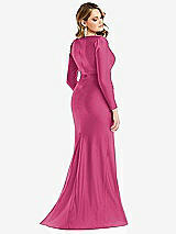 Rear View Thumbnail - Tea Rose Long Sleeve Draped Wrap Stretch Satin Mermaid Dress with Slight Train