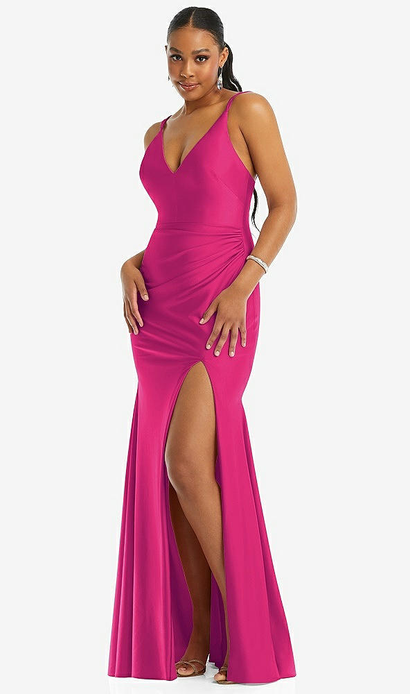 Front View - Think Pink Deep V-Neck Stretch Satin Mermaid Dress with Slight Train