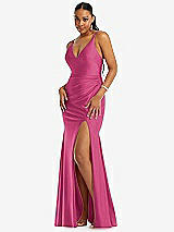 Front View Thumbnail - Tea Rose Deep V-Neck Stretch Satin Mermaid Dress with Slight Train