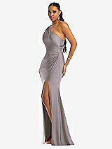 Side View Thumbnail - Cashmere Gray One-Shoulder Asymmetrical Cowl Back Stretch Satin Mermaid Dress