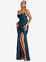 Alt View 1 Thumbnail - Atlantic Blue Cowl-Neck Open Tie-Back Stretch Satin Mermaid Dress with Slight Train