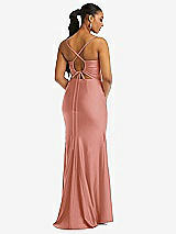 Rear View Thumbnail - Desert Rose Cowl-Neck Open Tie-Back Stretch Satin Mermaid Dress with Slight Train