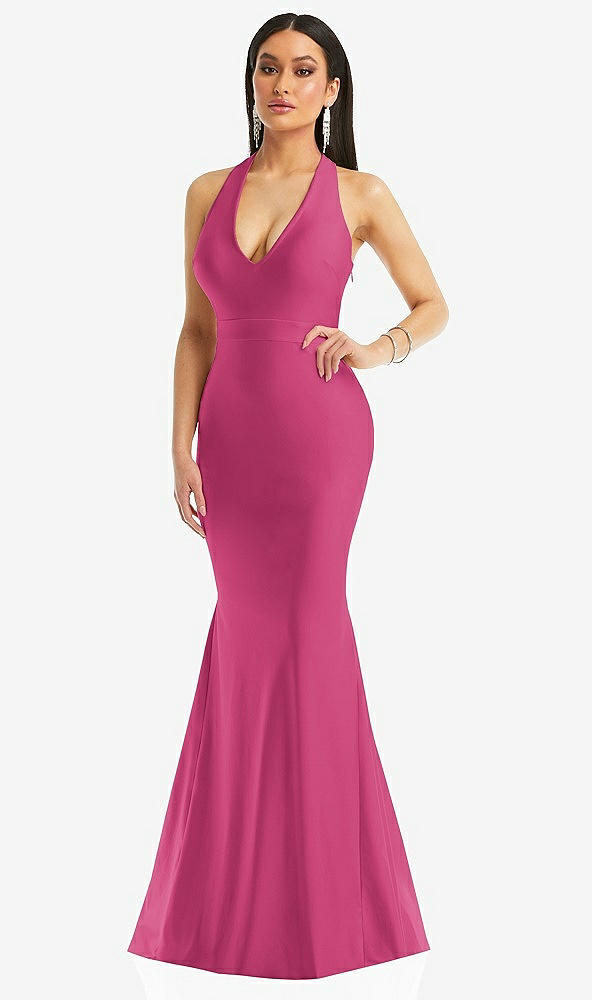 Front View - Tea Rose Plunge Neckline Cutout Low Back Stretch Satin Mermaid Dress