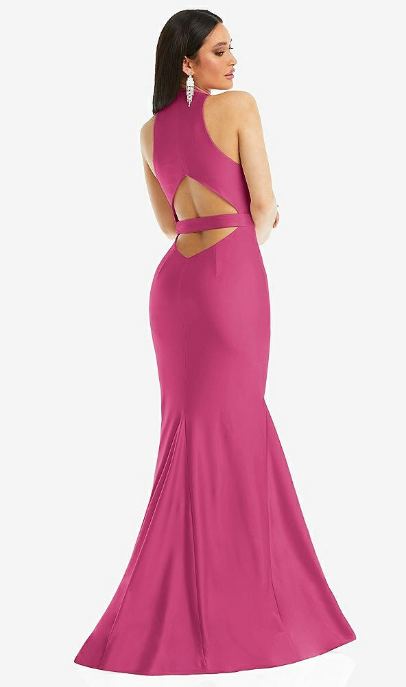 Back View - Tea Rose Plunge Neckline Cutout Low Back Stretch Satin Mermaid Dress