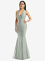 Front View Thumbnail - Willow Green Plunge Neckline Cutout Low Back Stretch Satin Mermaid Dress
