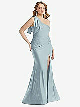 Alt View 1 Thumbnail - Mist Cascading Bow One-Shoulder Stretch Satin Mermaid Dress with Slight Train