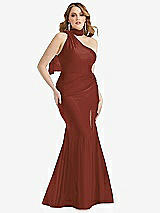 Alt View 1 Thumbnail - Auburn Moon Scarf Neck One-Shoulder Stretch Satin Mermaid Dress with Slight Train