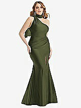 Alt View 1 Thumbnail - Olive Green Scarf Neck One-Shoulder Stretch Satin Mermaid Dress with Slight Train