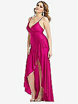 Side View Thumbnail - Think Pink Pleated Wrap Ruffled High Low Stretch Satin Gown with Slight Train