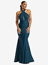 Front View Thumbnail - Atlantic Blue Criss Cross Halter Open-Back Stretch Satin Mermaid Dress