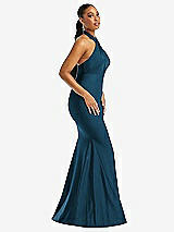 Side View Thumbnail - Atlantic Blue Criss Cross Halter Open-Back Stretch Satin Mermaid Dress