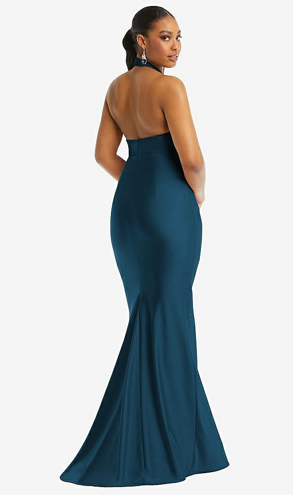 Back View - Atlantic Blue Criss Cross Halter Open-Back Stretch Satin Mermaid Dress