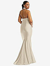 Rear View Thumbnail - Champagne Criss Cross Halter Open-Back Stretch Satin Mermaid Dress