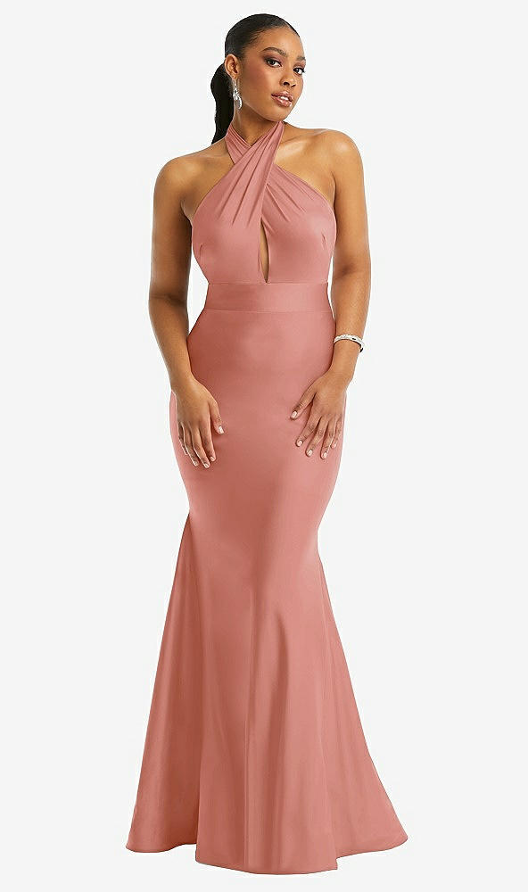 Front View - Desert Rose Criss Cross Halter Open-Back Stretch Satin Mermaid Dress